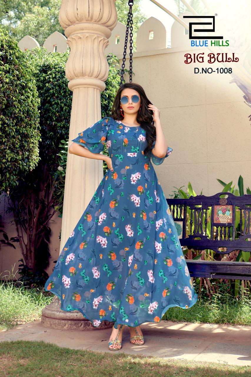 
Blue Hills Big Bull 1 Latest Fancy Designer Flair  Chiffon digital Printed Kurti Collection